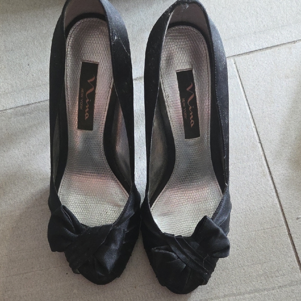 Nina Black Satin Heels with Bow